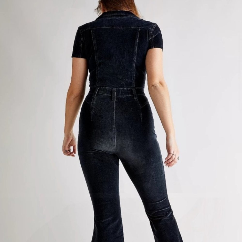Free People CRVY Love Letters Cord Zip Up Flare Jumpsuit in Black - Picture 4 of 9